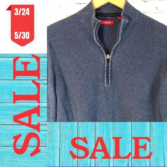 100% Cotton Izod Distressed 1/4 ZIP Sweater Blue - M - Picture 2 of 7